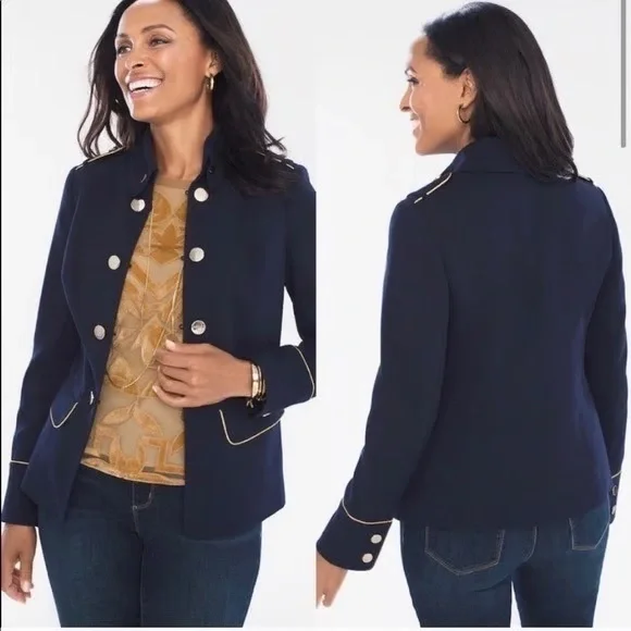 Chico's Navy Military Blazer with Gold Accents Chico Size 2 - Picture 1 of 11